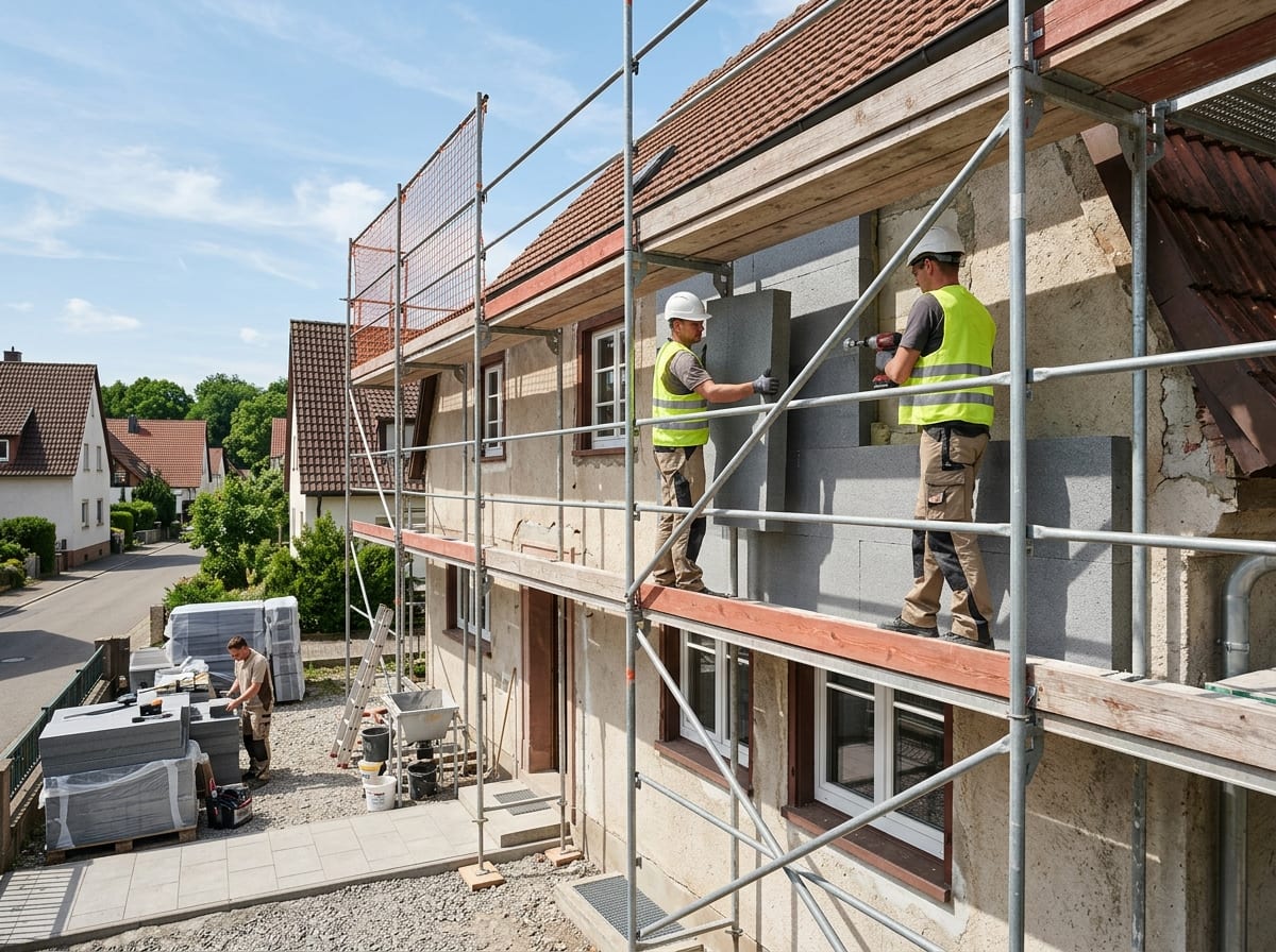 Anbringen von Dämmplatten an der Fassade eines Bestandsgebäudes