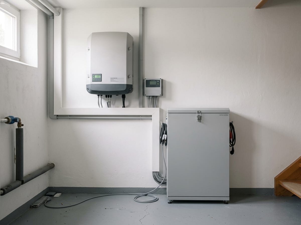 PV-Wechselrichter und Batteriespeicher im Keller