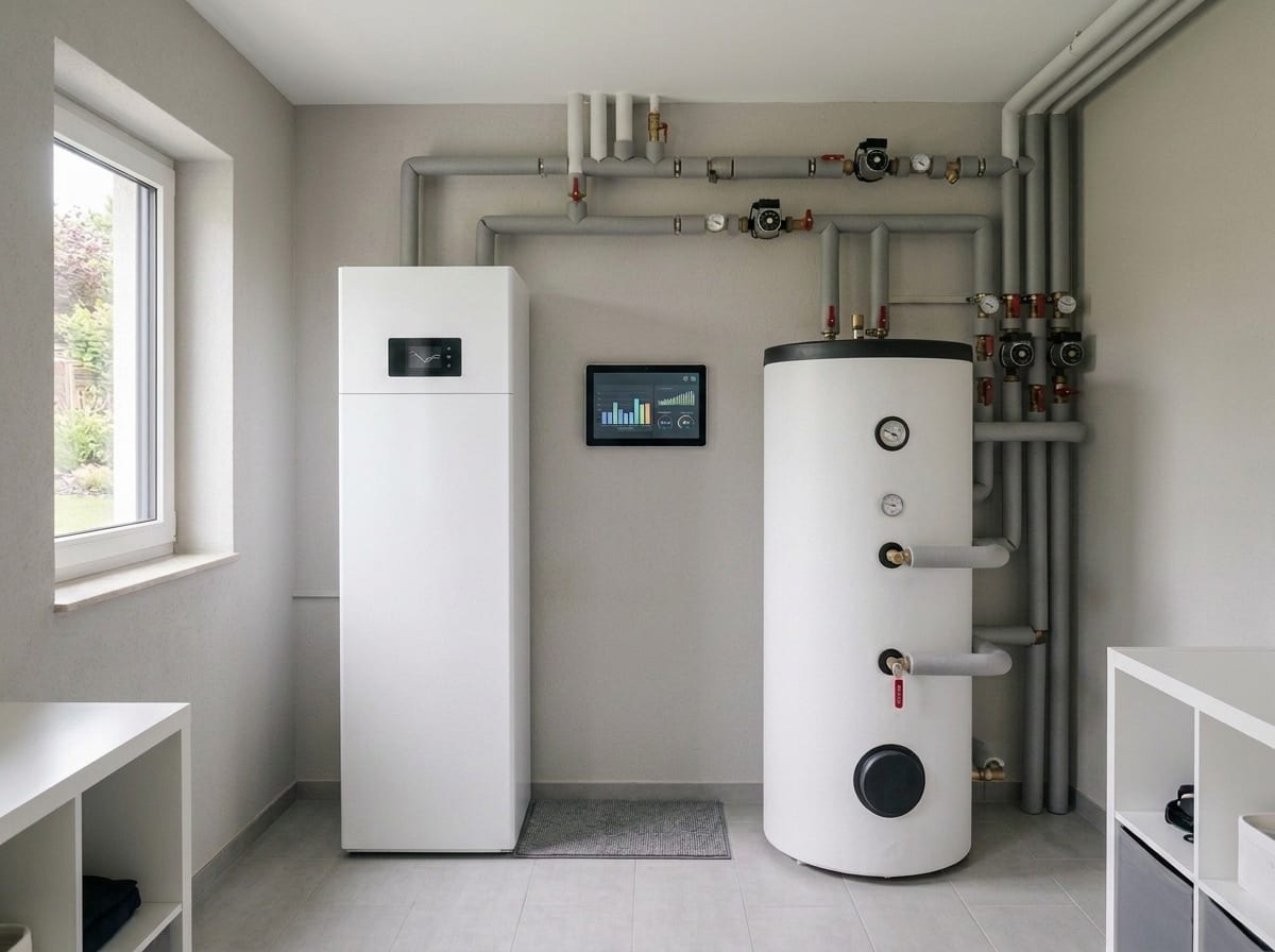 Wärmepumpe, Pufferspeicher und Energiemanagement im Technikraum