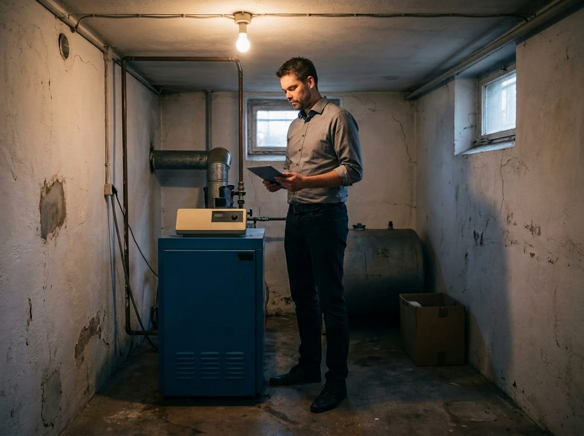 Sebastian Rasel bei der Bestandsaufnahme der alten Heizung im Keller