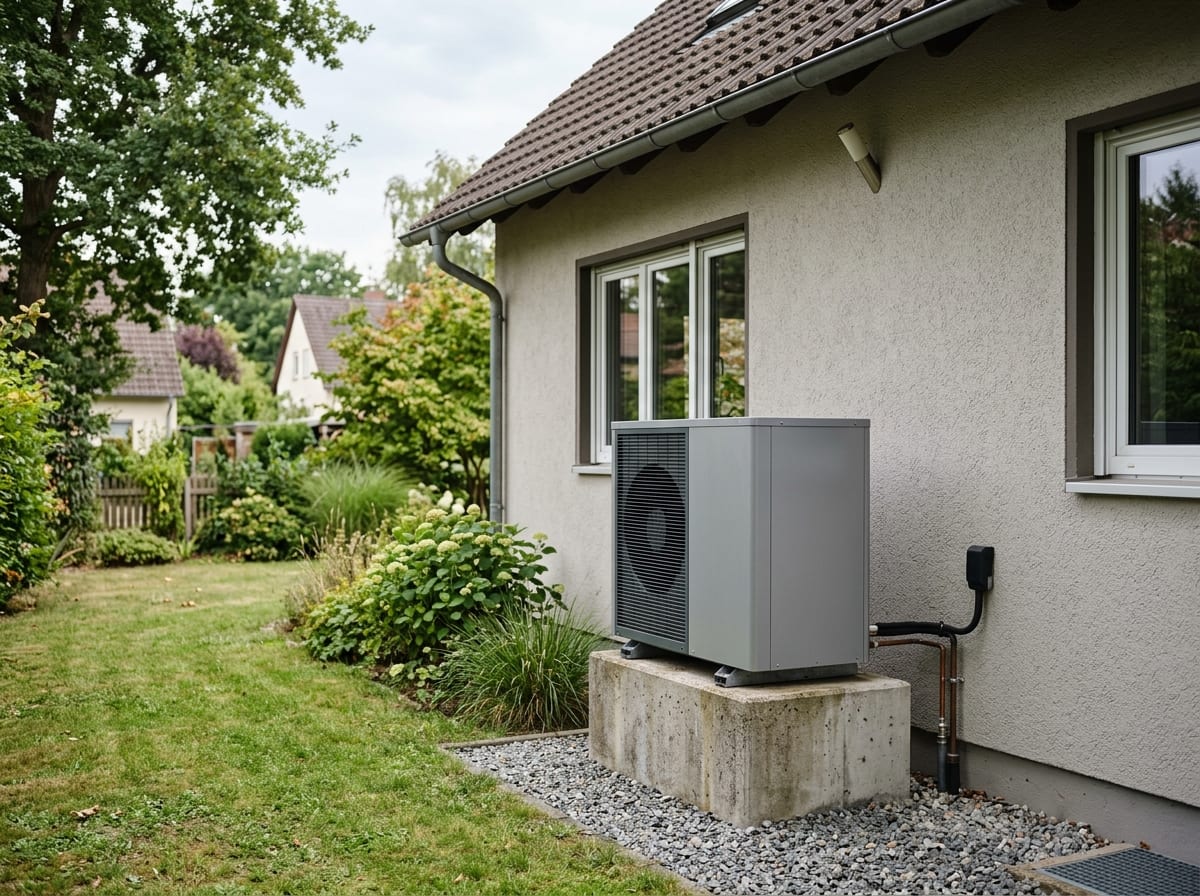 Außeneinheit einer Luft-Wasser-Wärmepumpe an einem Wohnhaus